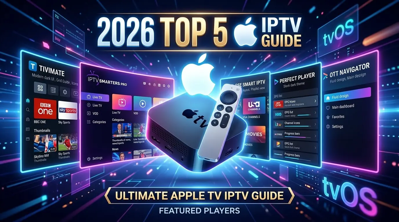 Apple TV IPTV setup showing Smarters Player Lite, iPlayTV, GSE Smart IPTV and IPTVX on an Apple TV 4K