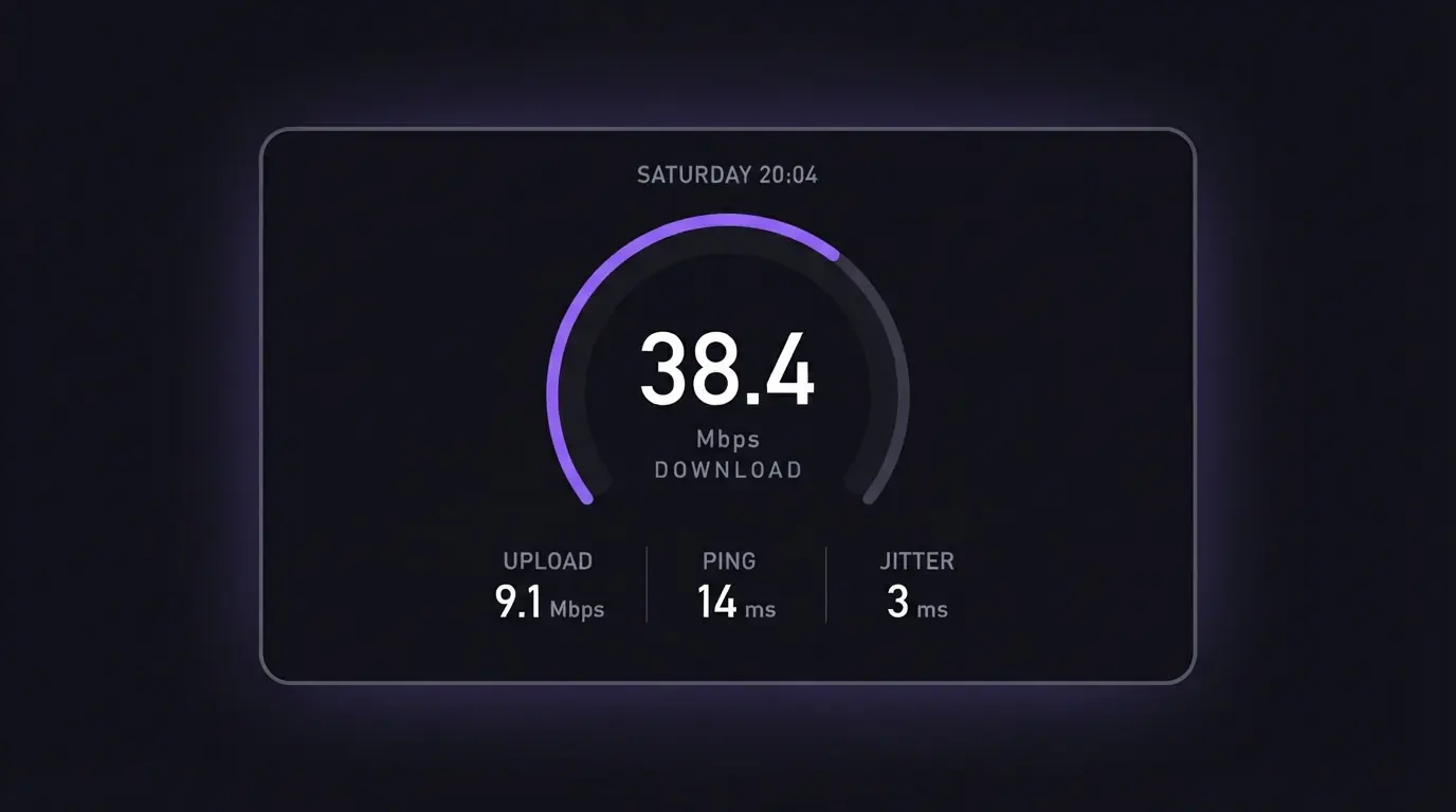 Broadband speed test result taken at peak time on a Saturday evening