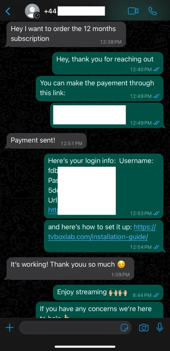 WhatsApp chat screenshot from a UK viewer after setting up their IPTV UK subscription