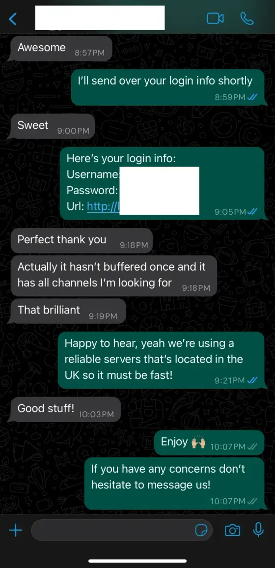 WhatsApp conversation screenshot showing support helping a UK customer with IPTV streaming