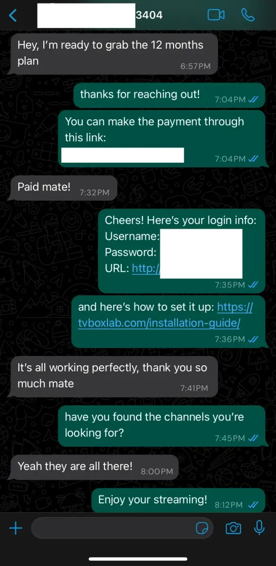 Customer WhatsApp feedback screenshot about their IPTV UK subscription with GetTV