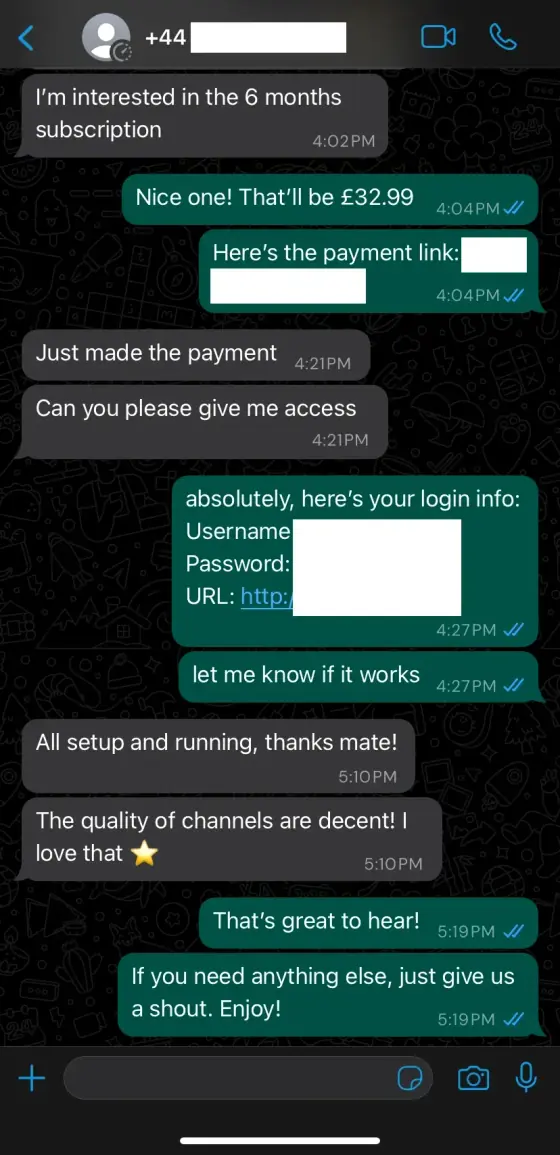 WhatsApp proof screenshot from a satisfied subscriber using IPTV in the UK
