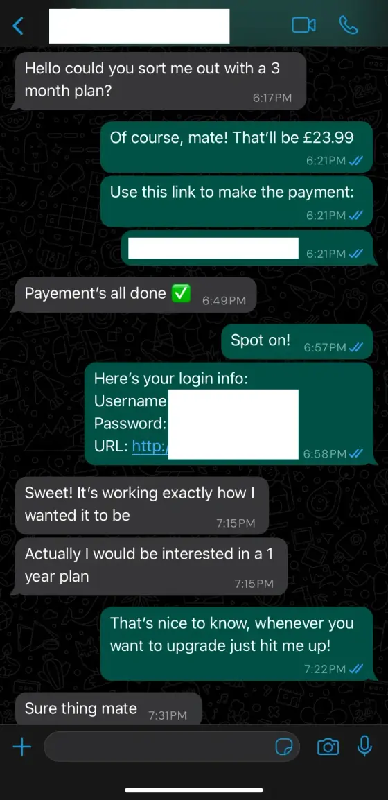 WhatsApp support chat screenshot from a UK viewer reviewing the best IPTV UK provider