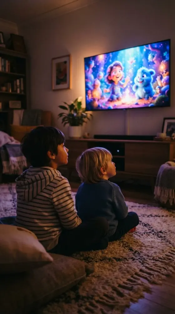 Children watching a PIN-protected kids channel on a GetTV IPTV UK subscription
