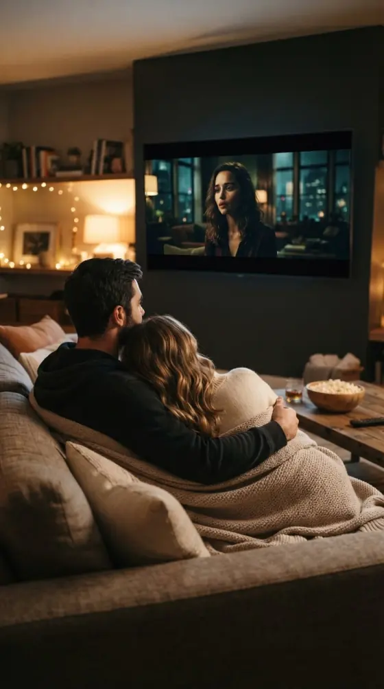 Couple streaming an on-demand film at home on an IPTV subscription UK plan