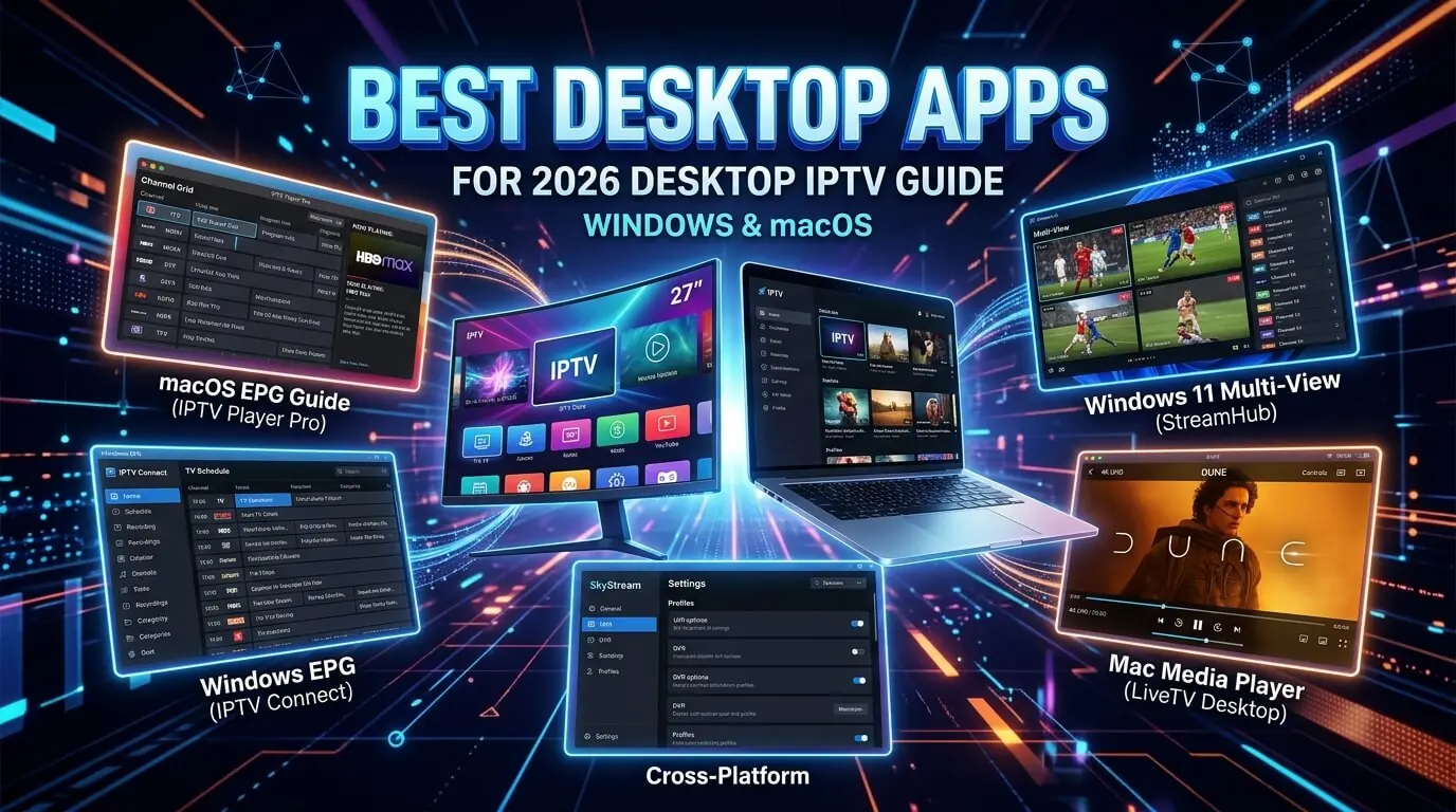 Windows and Mac IPTV setup showing Smarters Pro, Hot Player, IBO Player Pro, VLC and Kodi
