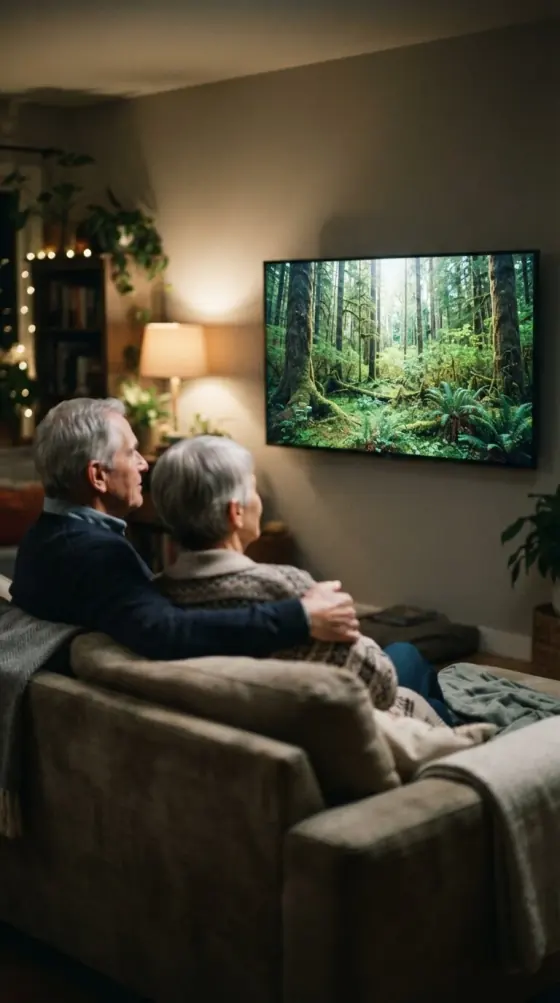 Older couple watching a nature documentary at home with IPTV in the UK