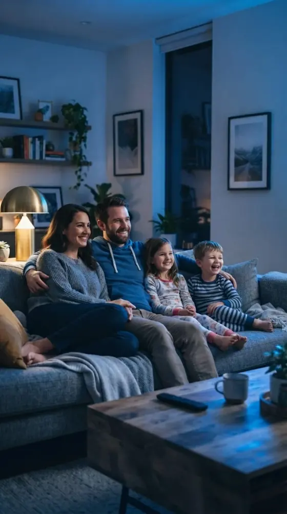 Family gathered around international channels on a GetTV IPTV UK subscription