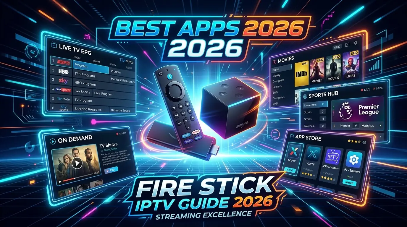 Fire Stick IPTV setup showing Smarters Pro, Hot Player, IBO Player Pro and TiviMate on Amazon Fire TV