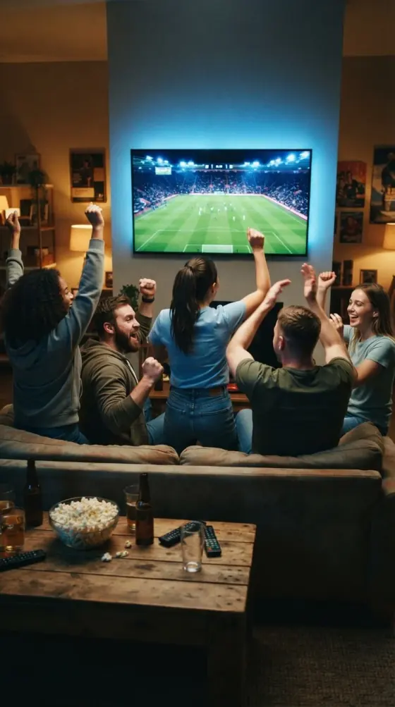 Friends watching a 4K football fixture on a premium IPTV service in the UK