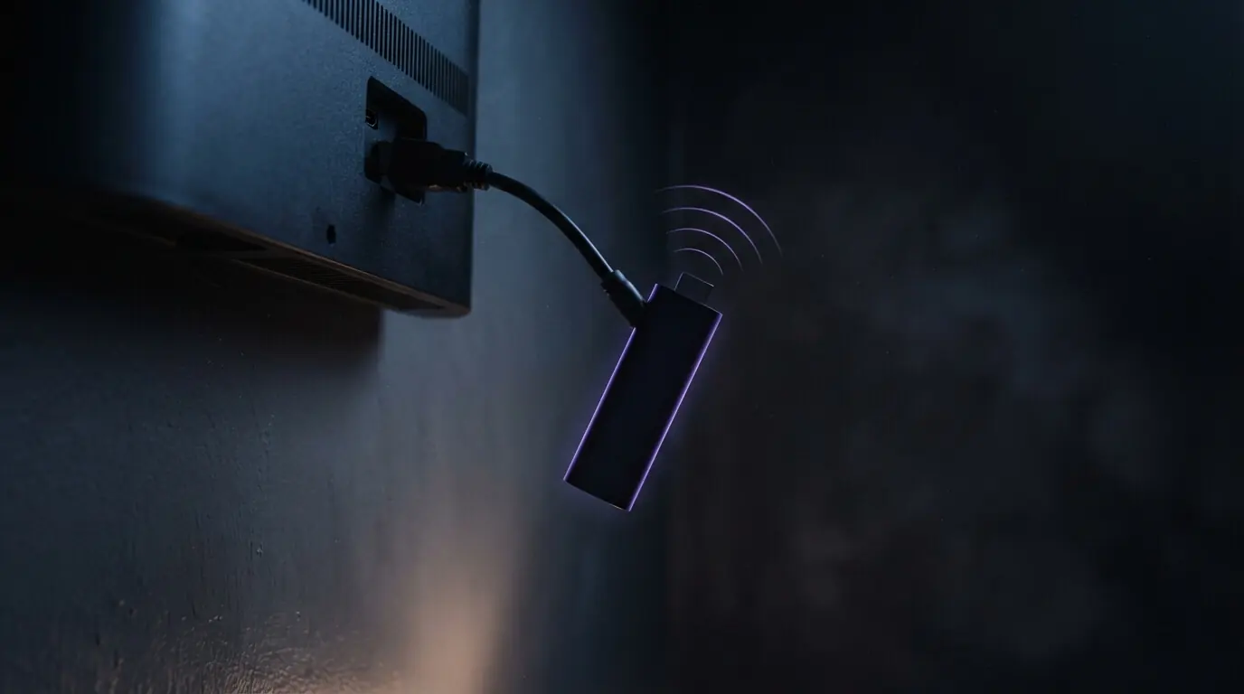 Fire TV Stick connected through the supplied HDMI extender cable to improve Wi-Fi signal behind a wall-mounted television