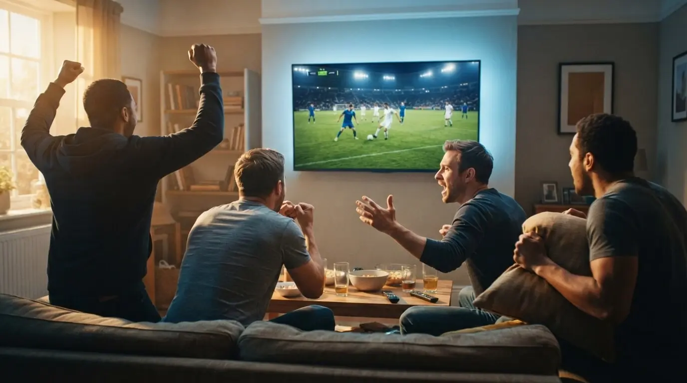 Two men watching a live football match in 4K on a GetTV IPTV UK subscription