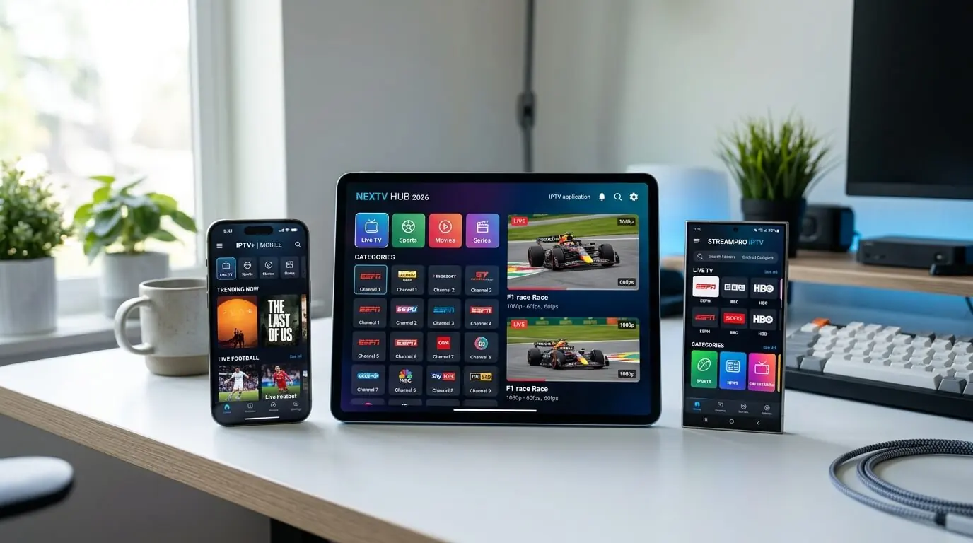 Mobile IPTV setup showing Hot Player, IBO Player Pro and Smarters Pro on iPhone, iPad and Android