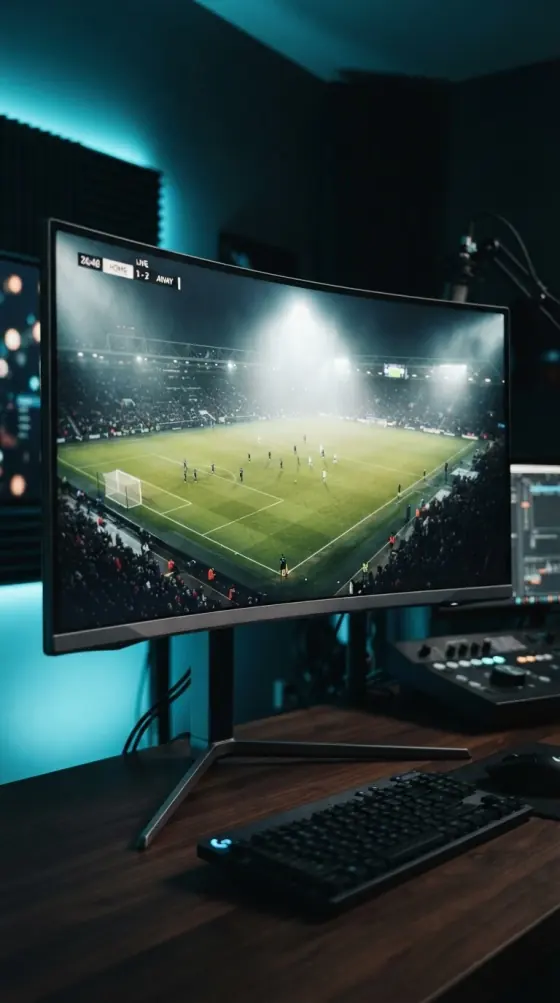 Large screen showing a football pitch in 4K through high-bitrate IPTV streaming