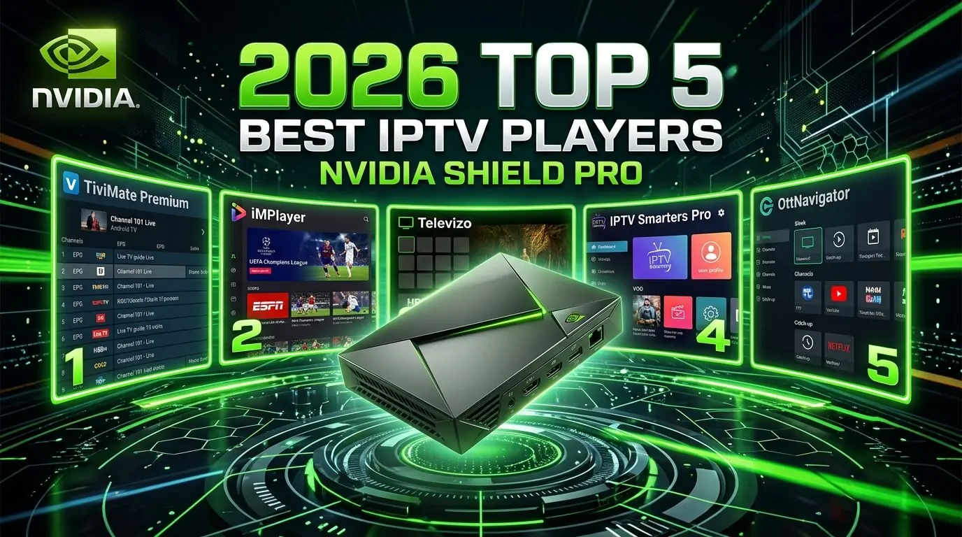 Nvidia Shield IPTV setup showing TiviMate, Smarters Pro, OTT Navigator, Kodi and Sparkle TV