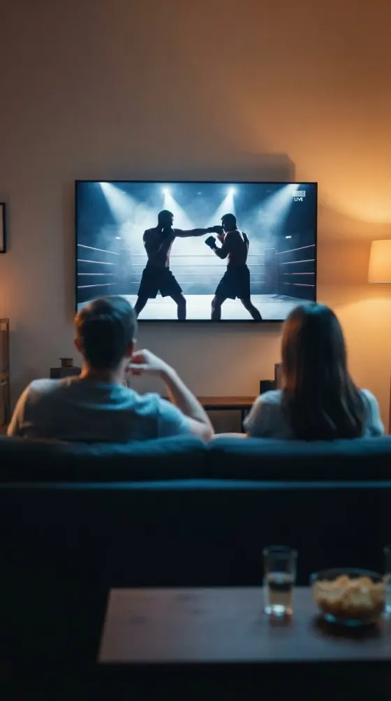 Group watching a boxing pay-per-view fight night on 4K IPTV streams
