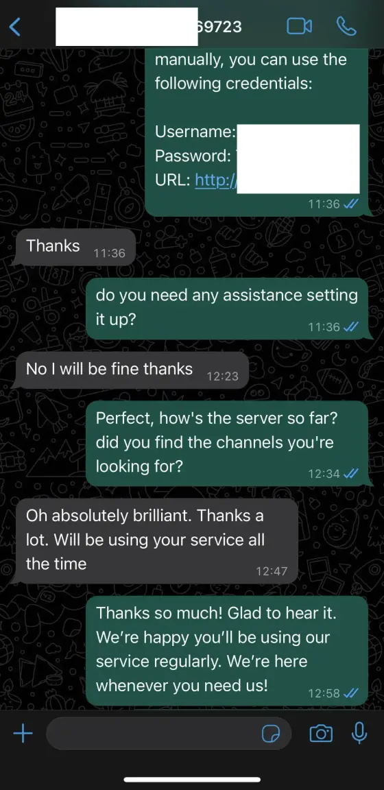 Customer proof screenshot showing a positive IPTV UK subscription experience with GetTV