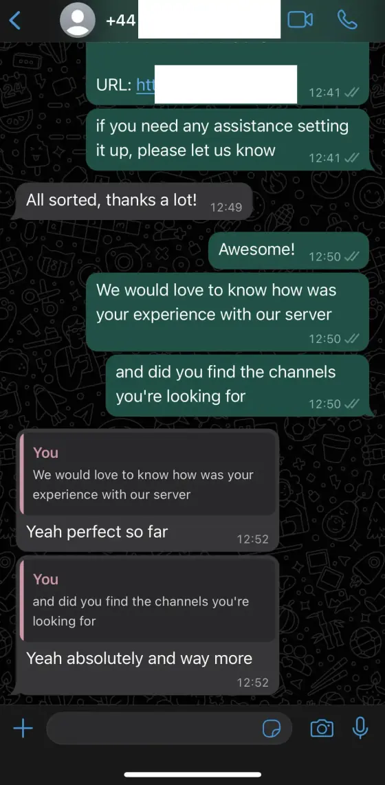 Subscriber proof screenshot from a UK viewer after completing IPTV UK provider device setup
