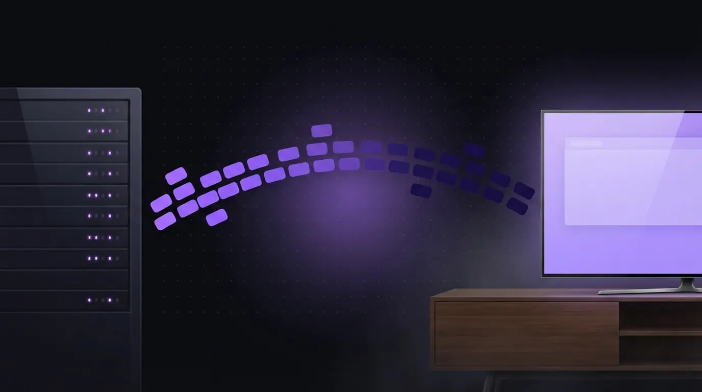 Diagram of internet protocol television carrying a channel as IP packets to a living room television