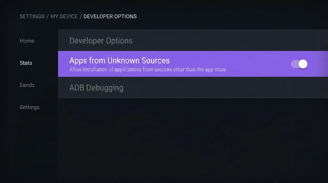 Fire Stick settings screen showing apps from unknown sources being enabled