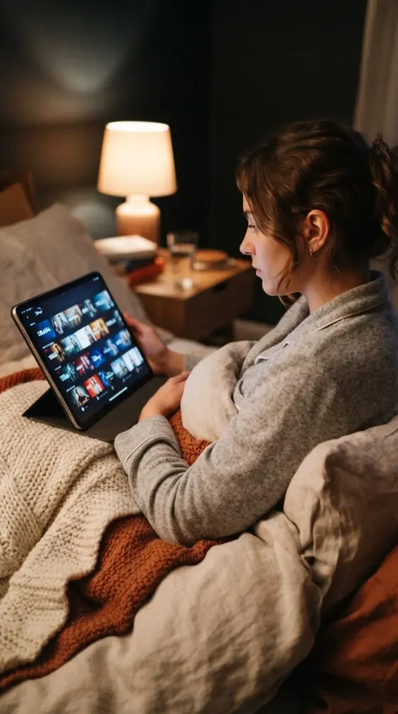 Woman watching a box set on a tablet using IPTV streaming at home